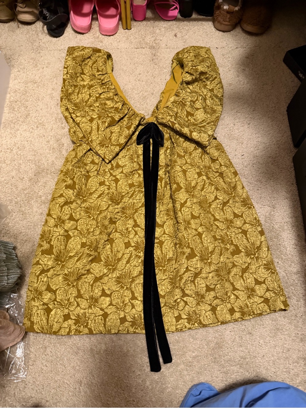 Sugarlips Gold Floral Brocade Mini Dress with Black Velvet Tie